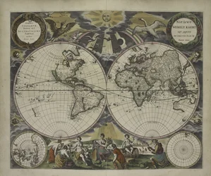 Dupla félgömbös világtérkép Goos tengeri atlaszából, 1672 (kézzel színezett metszet)